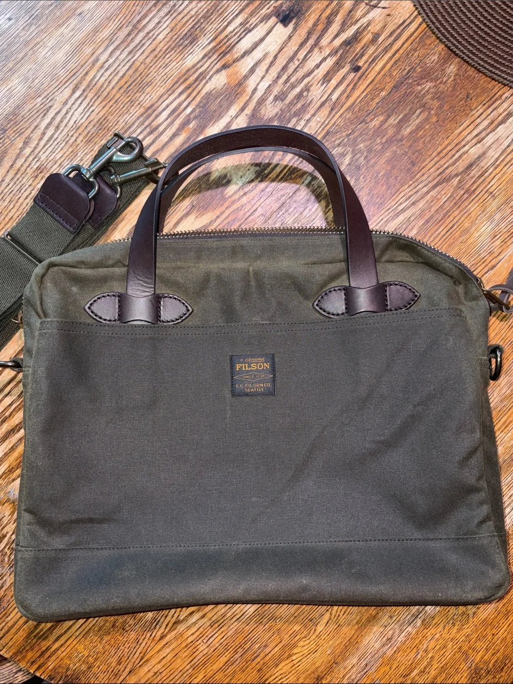 Like new Filson Tincloth Compact Briefcase with Dark Brown Leather